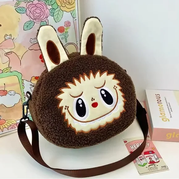 Labubu Inspired Brown Zimomo Theme Fuzzy Crossbody Handbag Purse Character - Picture 3 of 10
